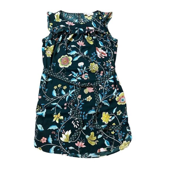 Loft Green Floral Flutter Cap Sleeve Belted Dress Size Small - Picture 11 of 16